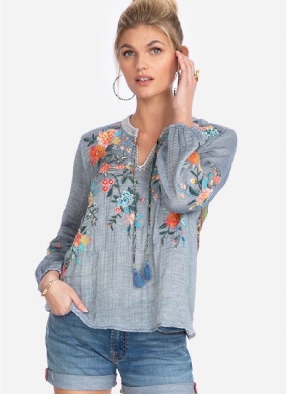 Johnny Was Light Blue Embroidered Tunic with Multicolor Floral Detail